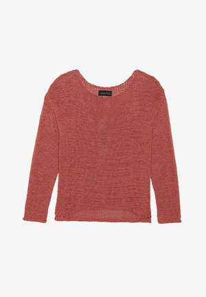 Roostevärvi kudum, millel on ümar kaelus, pikad varrukad ja lahtine kudumis muster. Kerge ja lõdva disain.