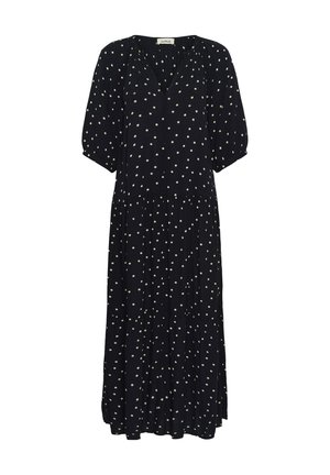 Vestido midi negro con lunares blancos, escote en V, mangas abullonadas y falda acampanada con volantes recogidos.