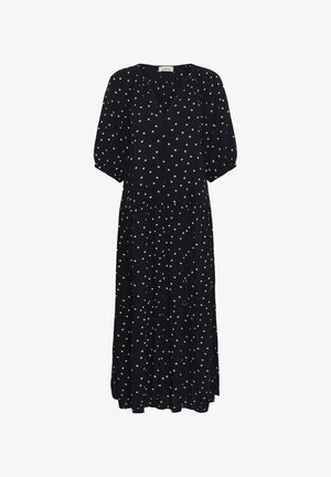 Černé midi šaty s bílými puntíky, výstřihem do V, nafouklými rukávy a nabranou vícedílnou sukní.