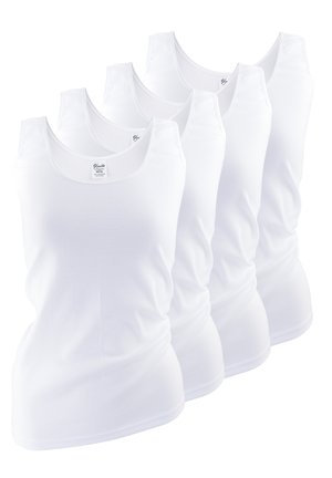 Fünf weiße Baumwoll-Tanktops mit rundem Ausschnitt, glatter Textur und figurschmeichelnder Passform. Jedes Top hat ein Etikett im Nackenbereich.