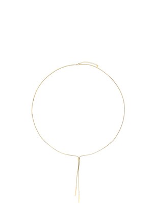 Dünne Goldkette mit kleinem verstellbarem Verschluss und zwei herabhängenden Enden, die vorne in der Mitte hängen.