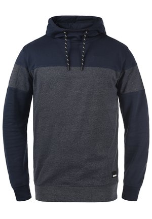 Navy blue hoodie with a slightly lighter gray panel across the chest, featuring a drawstring hood and ribbed cuffs. Soft fabric texture.