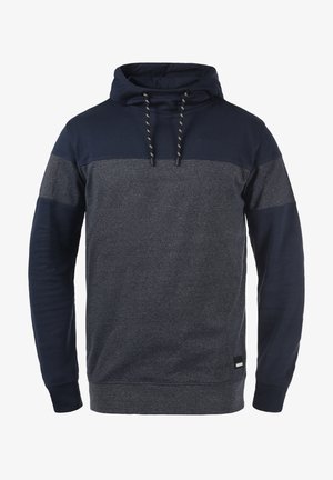 Felpa blu navy con un pannello grigio leggermente più chiaro sul petto, dotata di cappuccio regolabile con cordini e polsini a coste. Tessuto morbido.