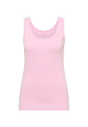 Zachte roze mouwloze tanktop met een ronde halslijn, ontworpen voor een nauwsluitende pasvorm en een gladde uitstraling.