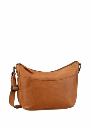 Brown leather shoulder bag with adjustable strap and top zipper, featuring a smooth finish and minimal stitching details.