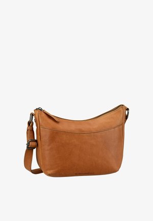 Braune Leder-Umhängetasche mit verstellbarem Riemen und oberem Reißverschluss, mit glatter Oberfläche und minimalen Steppdetails.