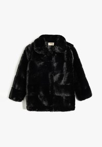 Sort faux fur frakke med krave, der har en blød tekstur, løs pasform og opfoldede ærmer. Har horisontale striber hele vejen igennem.