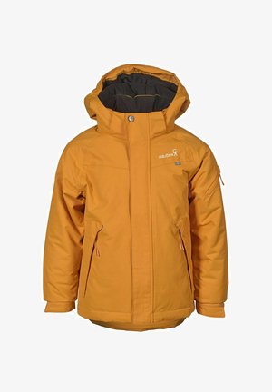 Orange isolerad jacka med huva, dragkedja fram och sidofickor. Har en svart foder och logotyp på bröstet. Slät textur.