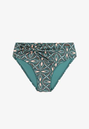 Groene bikinibroek met perzik- en witte geometrische patronen en een decoratieve knoop langs de tailleband.
