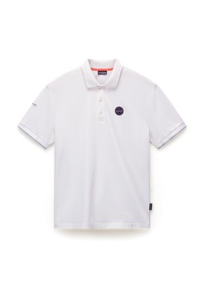 White polo shirt with a collar, three button placket, and a circular logo. Short sleeves with gray accents on the cuffs. Cotton blend material.