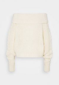 Suéter crema de punto trenzado sin mangas con cuello y puños acanalados, que presenta un corte holgado y una tela texturada.