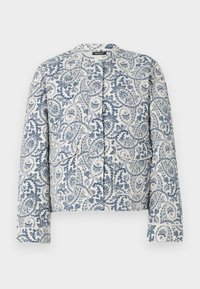 Bomuldjakke i et blåt og hvidt paisley-mønster med rund halsudskæring, lange ærmer og to forlommer.