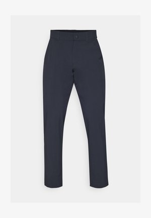 Tengerészeti nadrág könnyű anyagból, szabványos szabással, gombos záródással és sima, minta nélküli, díszítések nélküli textúrával.