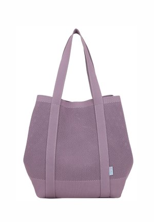 Lavender purple knitted tote bag with two long handles and a small sewn-in label on the side.