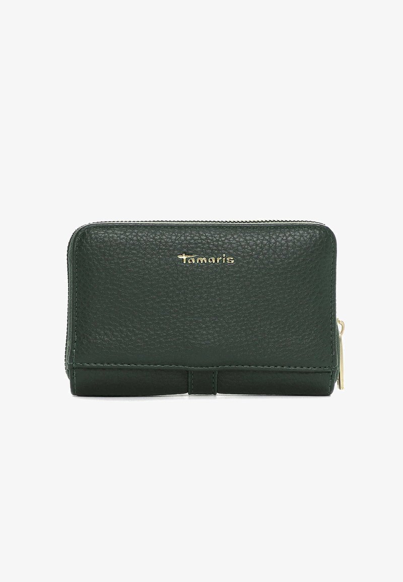Dark green textured leather zip-around wallet with gold Tamaris logo and gold zipper pull tab.
