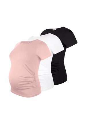 Three short-sleeve maternity t-shirts in pink, white, and black, shown side by side with slight ruched detailing on the sides.
