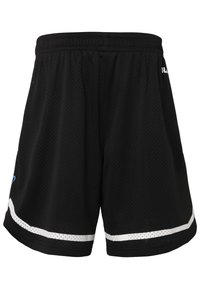 Black athletic shorts made of mesh fabric. Features a white trim at the bottom hem and a small blue logo on the left side. Elastic waistband.
