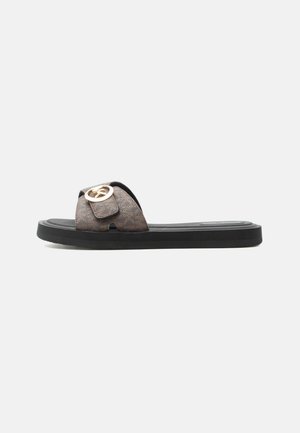 Flat slide sandal with black sole and brown patterned upper strap featuring a gold circular logo accent on side.