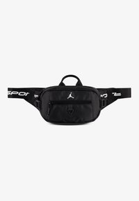 Saco de cintura preto da Jordan com acabamento texturizado, apresentando um bolso com fecho na frente, correia ajustável e logotipo icônico na frente e na correia.