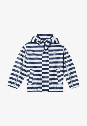 Imperméable enfant à rayures horizontales bleu marine et blanc, avec capuche, poches avant, poignets élastiques et petit logo ours sur la poitrine.