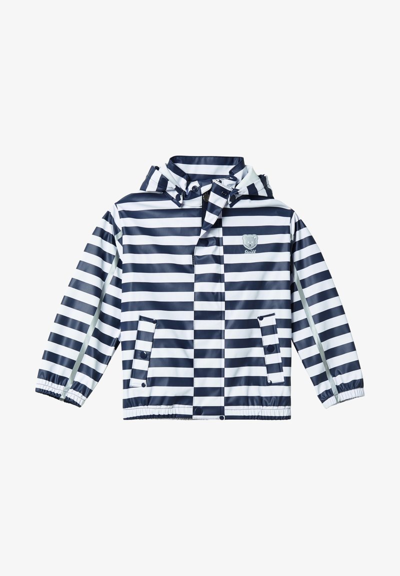 Imperméable enfant à rayures horizontales bleu marine et blanc, avec capuche, poches avant, poignets élastiques et petit logo ours sur la poitrine.