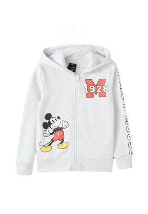 Haut de survêtement gris zippé avec un graphique de Mickey Mouse sur le devant, imprimé avec un "M" et "1928", ainsi que du texte le long de la manche.