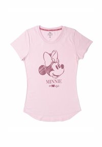 T-shirt in cotone rosa con maniche corte e scollatura rotonda, caratterizzato da un'illustrazione di Minnie Mouse con contorno marrone e dalla scritta "MINNIE mouse."