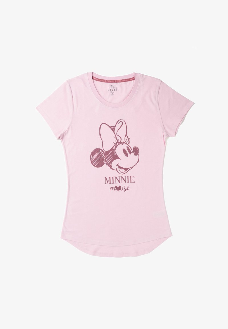 T-shirt in cotone rosa con maniche corte e scollatura rotonda, caratterizzato da un'illustrazione di Minnie Mouse con contorno marrone e dalla scritta "MINNIE mouse."