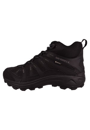 Botte de randonnée noire mi-haute avec une tige texturée, des superpositions synthétiques, un système de laçage et une semelle extérieure agressive pour une bonne traction.