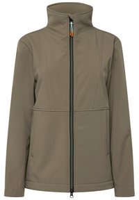 Giacca softshell leggera marrone con colletto alto, dotata di una cerniera frontale completa, tasche laterali e dettagli della cerniera nera a contrasto.