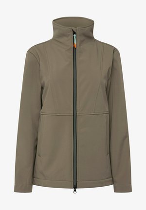 Chaqueta de softshell marrón ligera con cuello alto, que presenta un cierre frontal completo, bolsillos laterales y detalles del cierre en negro contrastante.