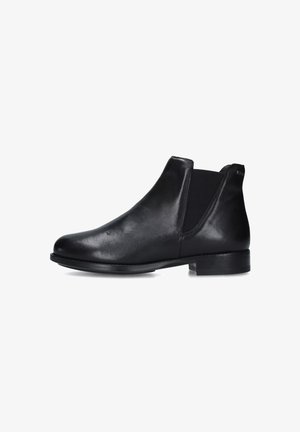 Stivaletto alla caviglia in pelle nera con finitura liscia, punta rotonda, pannelli laterali elasticizzati e tacco basso impilato. Design minimalista senza hardware visibile.