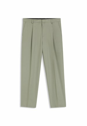 Hellgrüne, maßgeschneiderte Hose mit Gürtelschlaufen, vorderen Abnähern, Seitentaschen und einem Frontreißverschluss.
