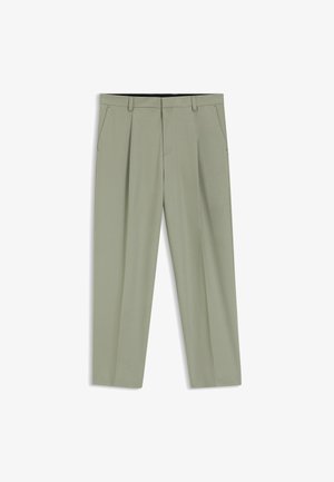 Hellgrüne, maßgeschneiderte Hose mit Gürtelschlaufen, vorderen Abnähern, Seitentaschen und einem Frontreißverschluss.