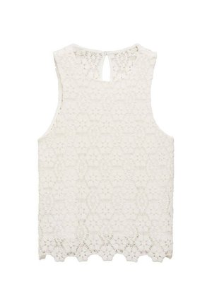 Débardeur en dentelle blanche avec un ourlet en forme de vagues, doté d'un motif floral et d'une petite ouverture en forme de clef à l'arrière. Texture lisse.