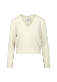 Maglione crema a V con maniche lunghe e una sottile rifinitura di perline lungo il collo, polsini a coste e orlo.