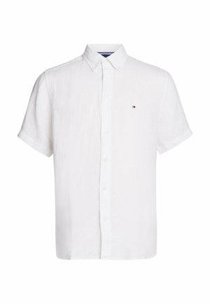 White linen short-sleeve shirt with a buttoned front, collar, and a small branded logo on the chest; lightweight and textured fabric.