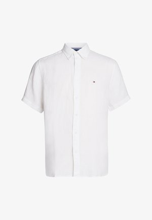 Hvid linned kortærmet skjorte med knaplukning foran, krave og et lille logo på brystet; letvægtigt og struktureret stof.