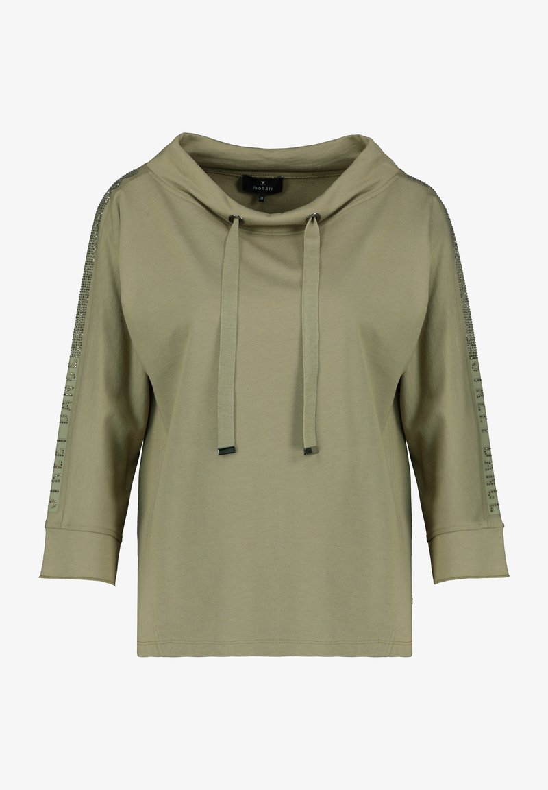 Haut à manches longues vert olive clair avec col large à cordon de serrage et détails en strass le long des manches et des poignets.