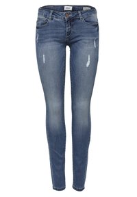 Jeans slim fit azul con ligero desgaste en los muslos frontales, bolsillos delanteros y cierre de botón en la cintura.
