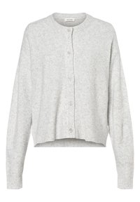 Světle šedý cardigan vyrobený z měkkého materiálu, s kulatým výstřihem, dlouhými rukávy a pěti knoflíkovými zapínáními vpředu. Zkrácený lem.