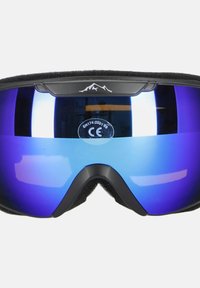 Skibril met een zwart frame, paarse spiegelende lens en zachte padding rond de randen. Bevat een berglogo en een CE-certificatiesticker.
