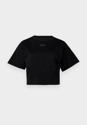 Fekete, rövid fazonú pamut póló. Rövidujjú, kerek nyakkivágása van. Diszkrét logó részlet található a mellkason.