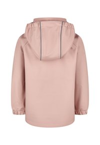 Light pink waterproof jacket with an elastic hood and cuffs. Features reflective accents along the seams and a smooth texture.