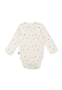 Langärmliger Baby-Body in Creme mit einem Muster aus bunten kleinen Dreiecken. Hergestellt aus weichem Stoff mit Rundhalsausschnitt.