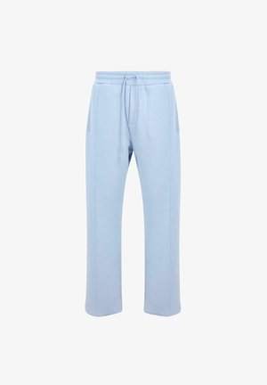 Pantalones de chándal azul claro hechos de una tela suave, con una cintura elástica con cordón y bolsillos laterales, con un diseño de pierna recta.