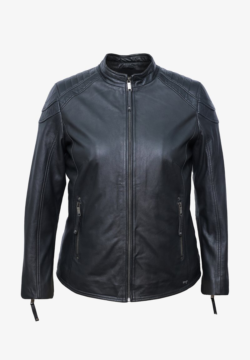 Schwarze Lederjacke mit Reißverschluss vorne, Stehkragen, gesteppten Schulterdetails und zwei seitlichen Reißverschlusstaschen. Glatte Oberfläche und taillierte Passform.