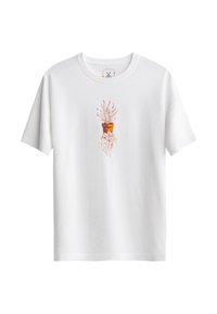 Witte katoenen t-shirt met een centraal grafisch ontwerp van een pot met een plant en abstracte lijnen, met een casual fit en een klassieke ronde hals.