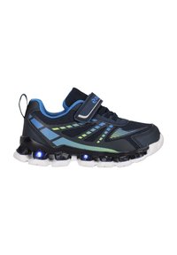 Marineblaue Sportschuhe mit einem Obermaterial aus Mesh, grünen und blauen Akzenten, verstellbarem Riemen und leuchtender Sohle. Strukturiertes Gummilaufsohle.