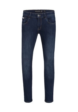 Dark blue skinny jeans made of denim, featuring a classic five-pocket design, standard button closure, and visible stitching details.